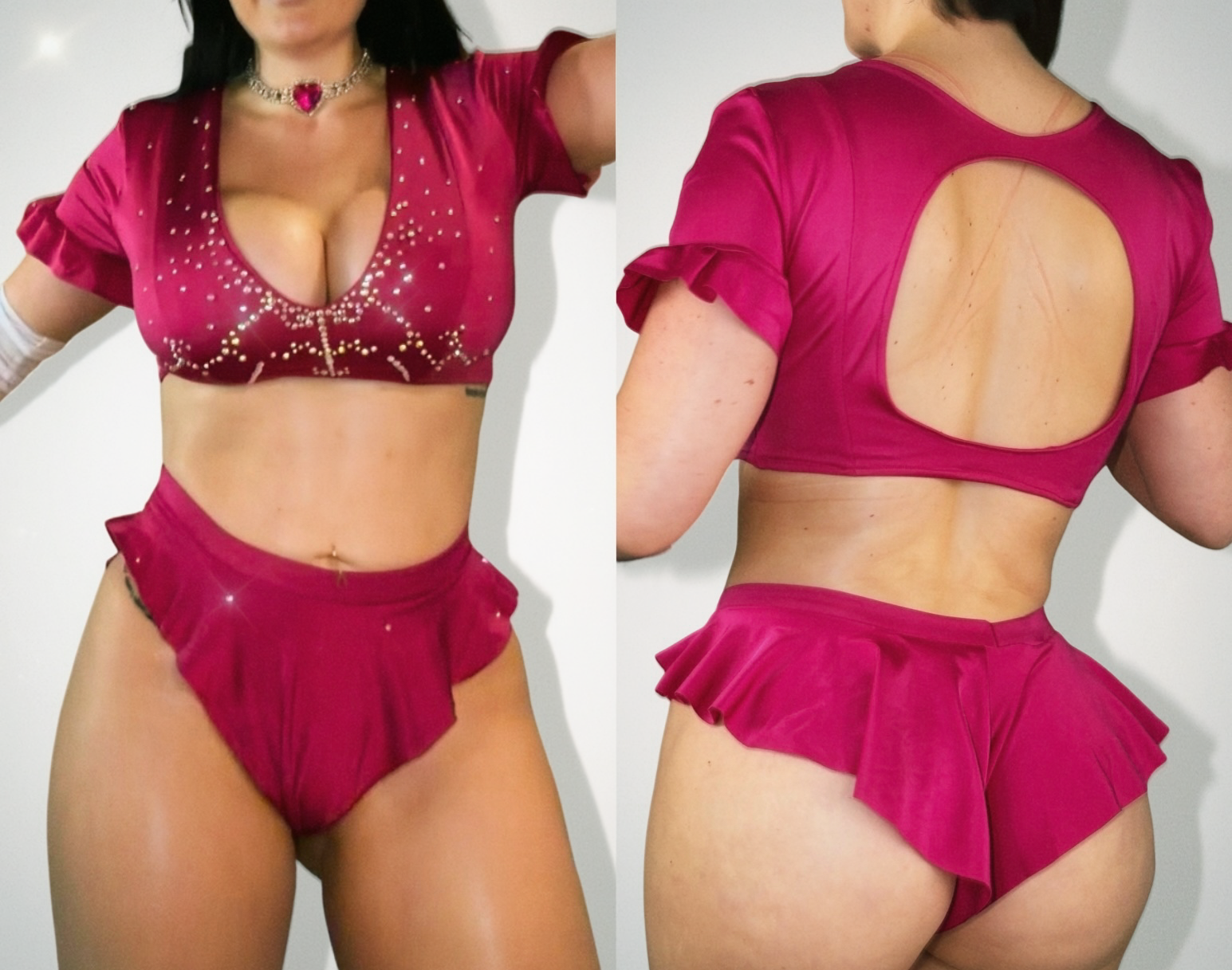 Finished magenta ruffle festival fit shown front and back on a model