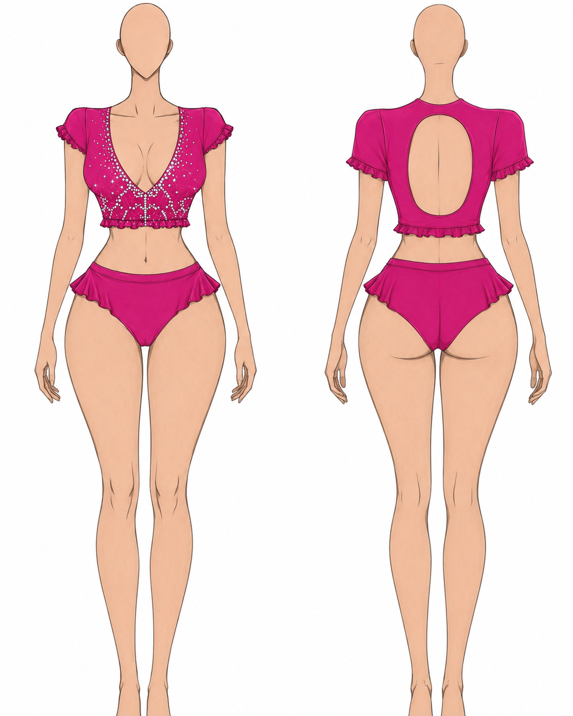 Front and back sketch for a magenta ruffle festival fit with rhinestone details